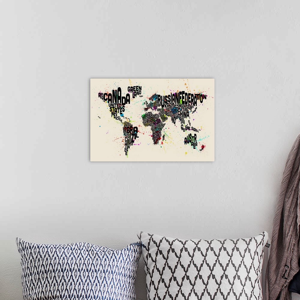 A bohemian room featuring Paint Splashes Text Map of the World, Black Letters