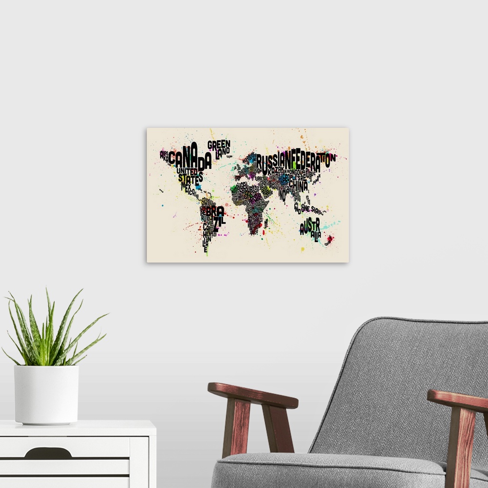 A modern room featuring Paint Splashes Text Map of the World, Black Letters