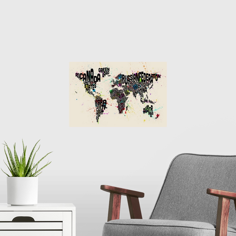 A modern room featuring Paint Splashes Text Map of the World, Black Letters