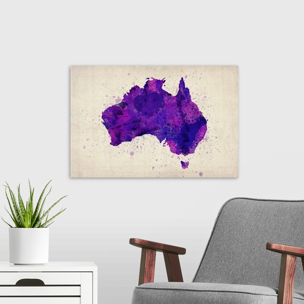 A modern room featuring Paint splatter map of Australia - Purple