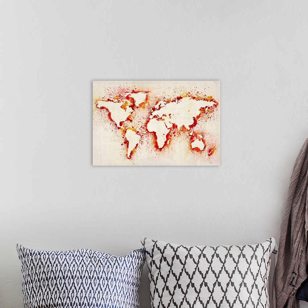 A bohemian room featuring Map of the world that has been created using a template and spray paint.