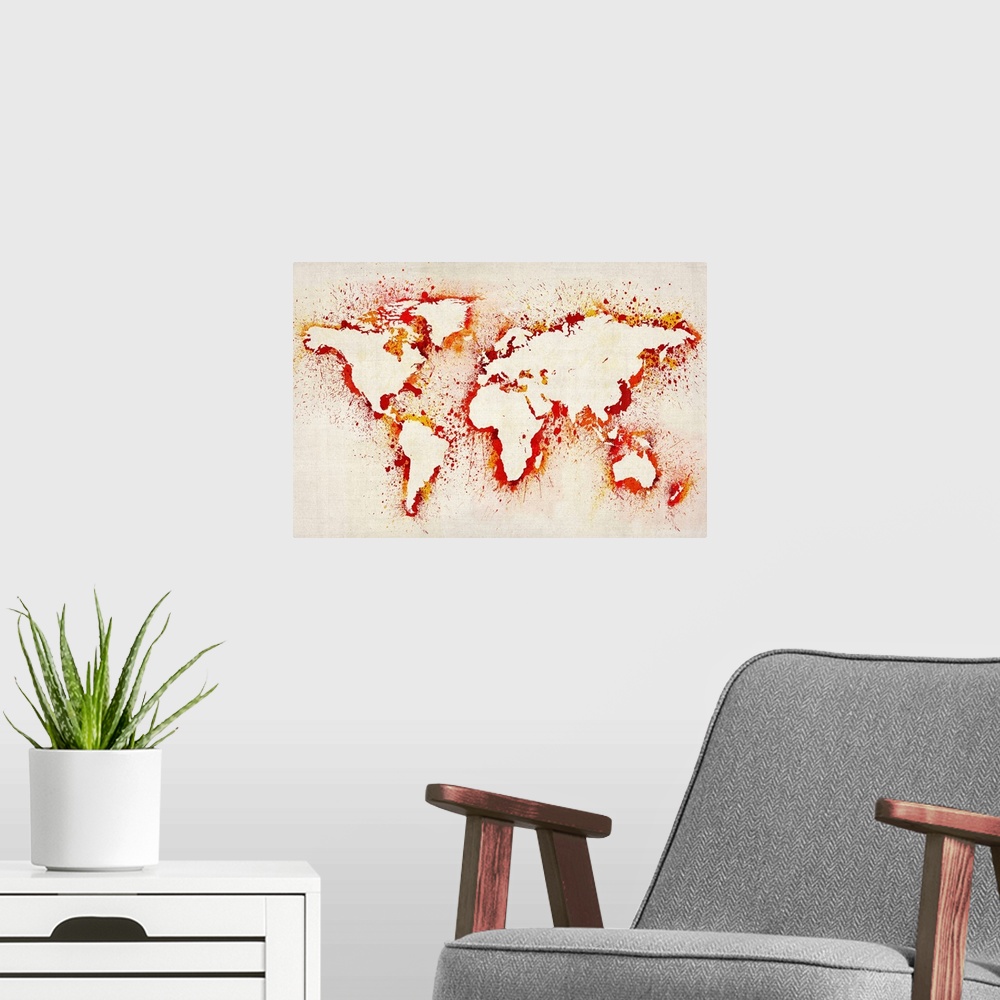 A modern room featuring Map of the world that has been created using a template and spray paint.