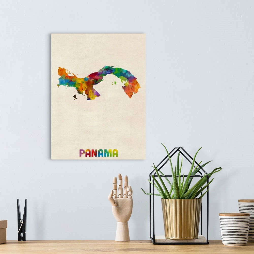 A bohemian room featuring Watercolor art map of the country Panama against a weathered beige background.