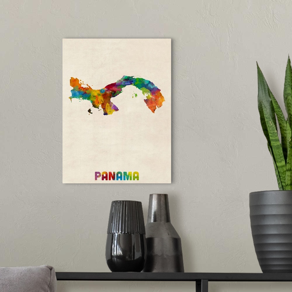 A modern room featuring Watercolor art map of the country Panama against a weathered beige background.