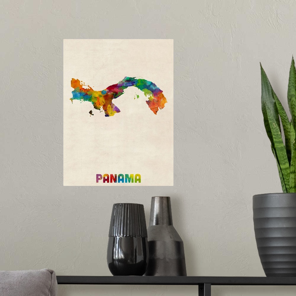 A modern room featuring Watercolor art map of the country Panama against a weathered beige background.