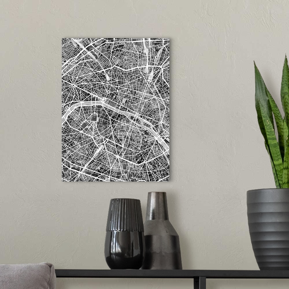 A modern room featuring Watercolor street map of Paris, France.