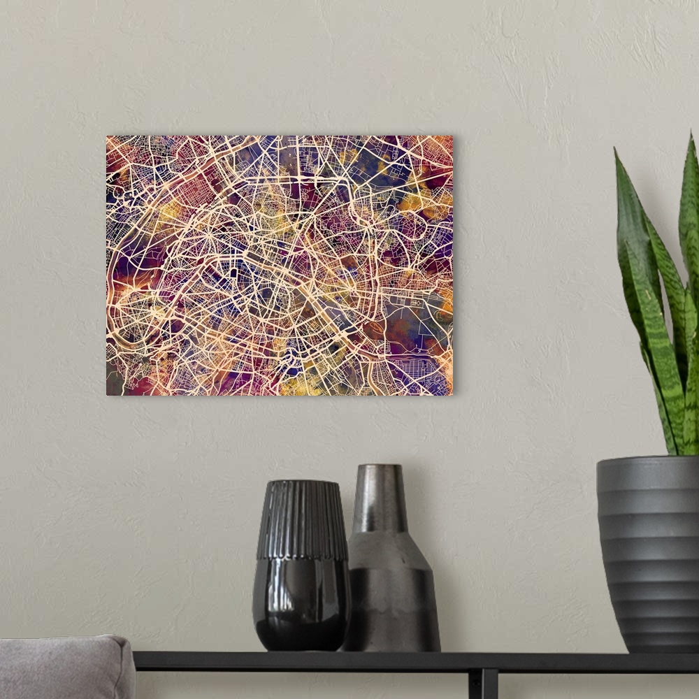A modern room featuring Contemporary colorful city street map of Paris.
