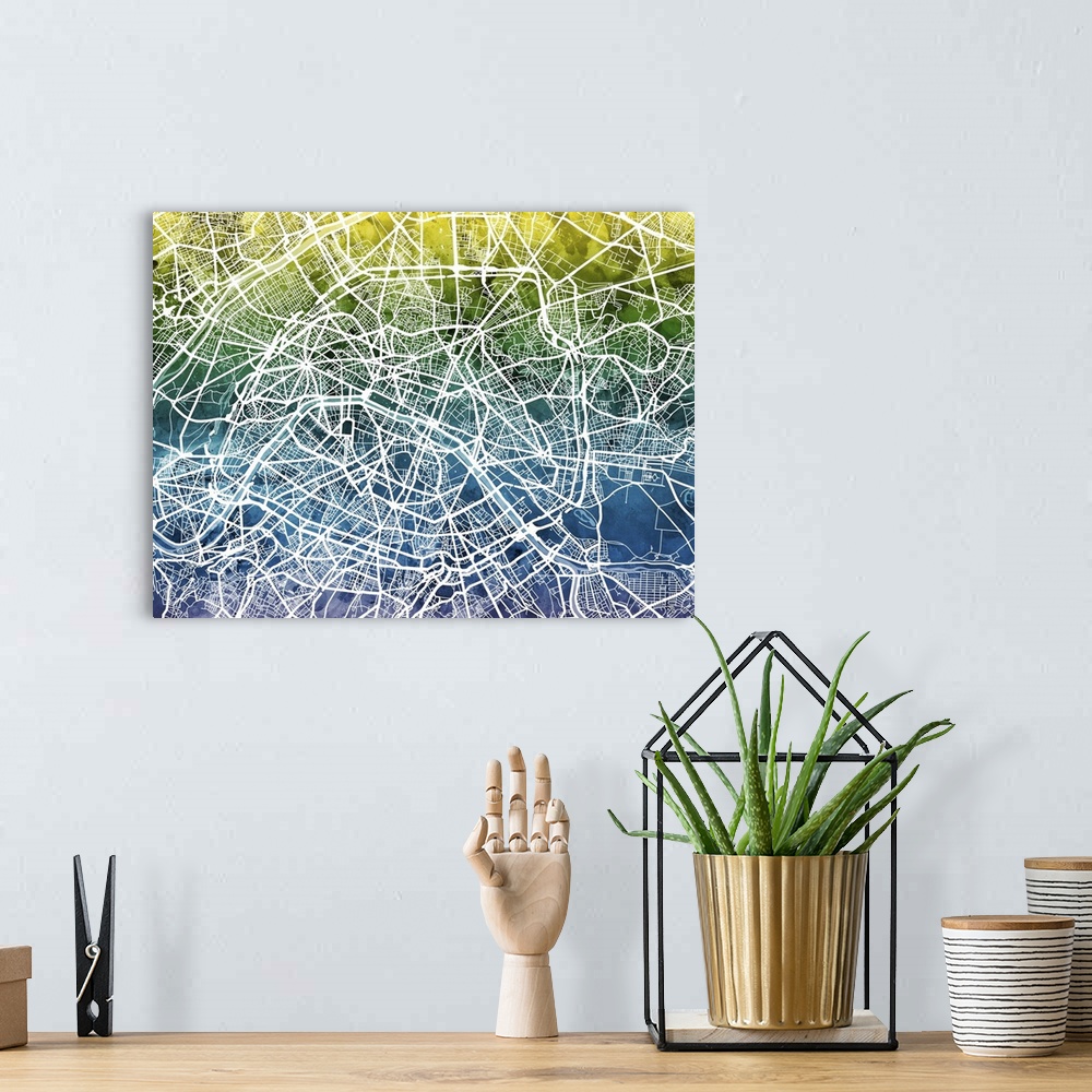 A bohemian room featuring Contemporary watercolor city street map of Paris.