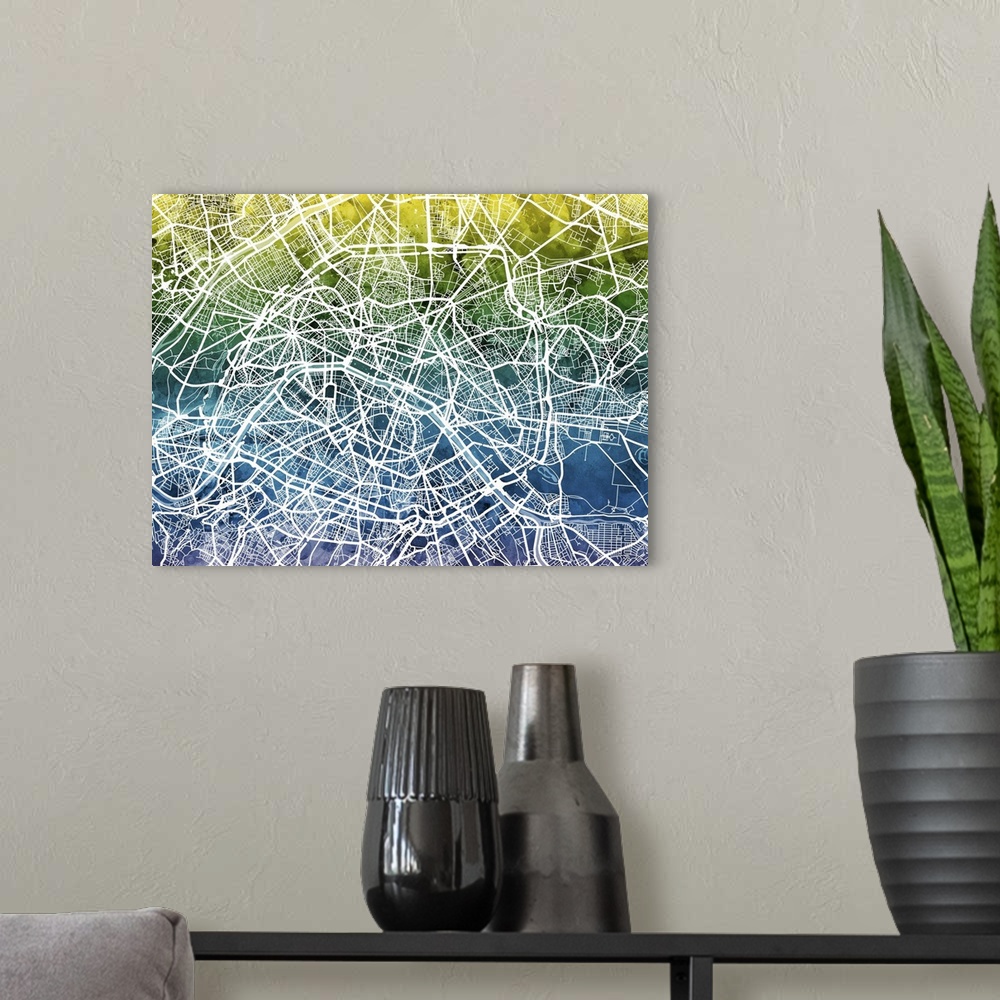 A modern room featuring Contemporary watercolor city street map of Paris.
