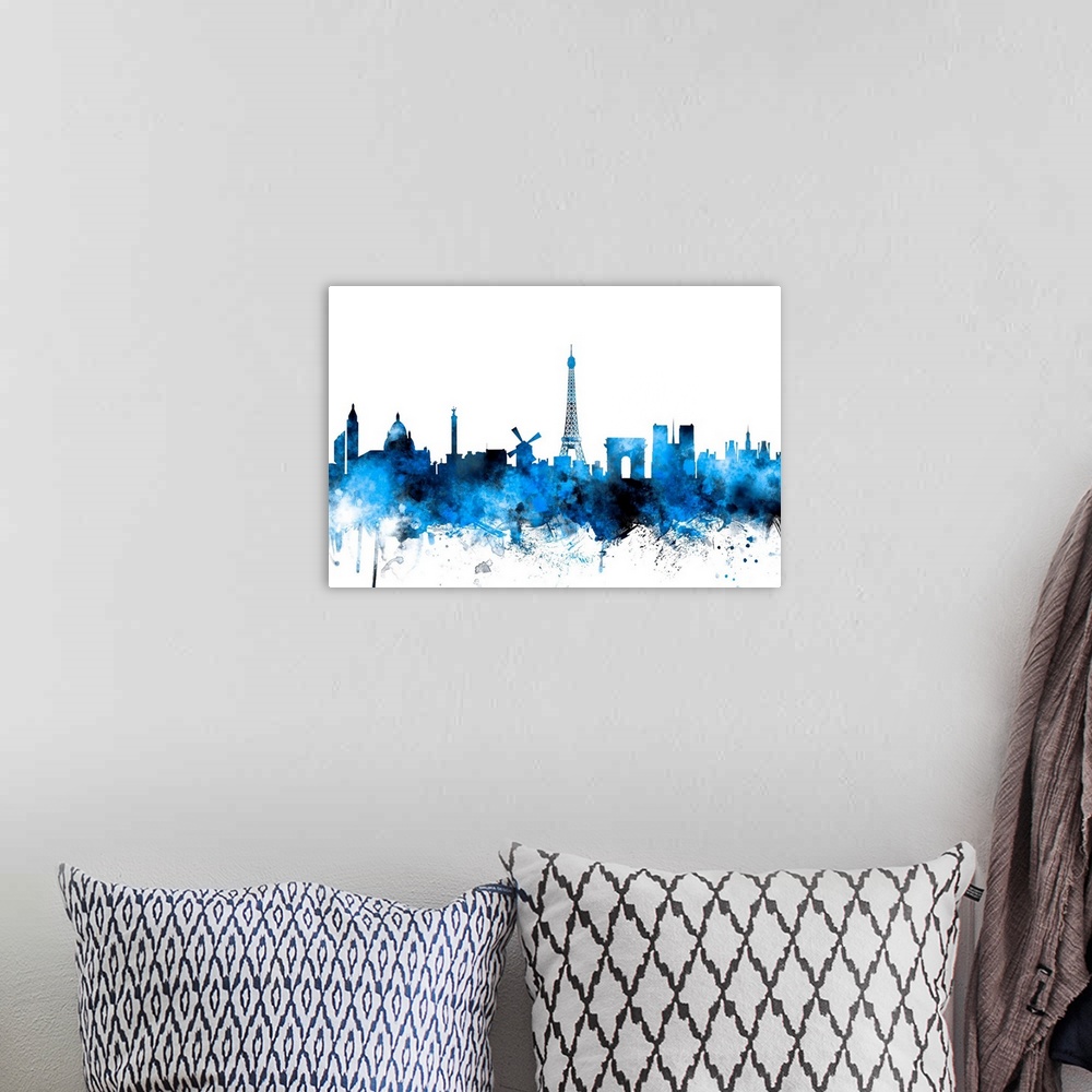 A bohemian room featuring Contemporary piece of artwork of the Paris skyline made of colorful paint splashes.
