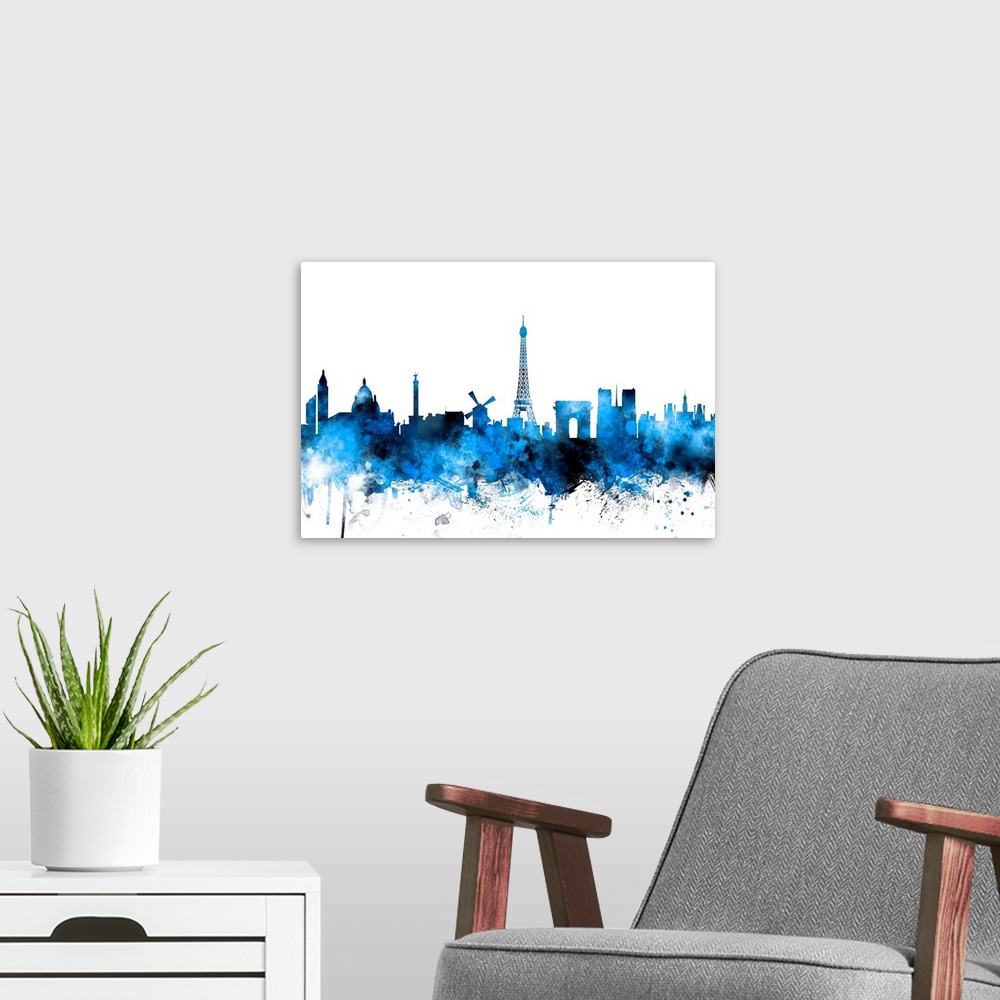 A modern room featuring Contemporary piece of artwork of the Paris skyline made of colorful paint splashes.