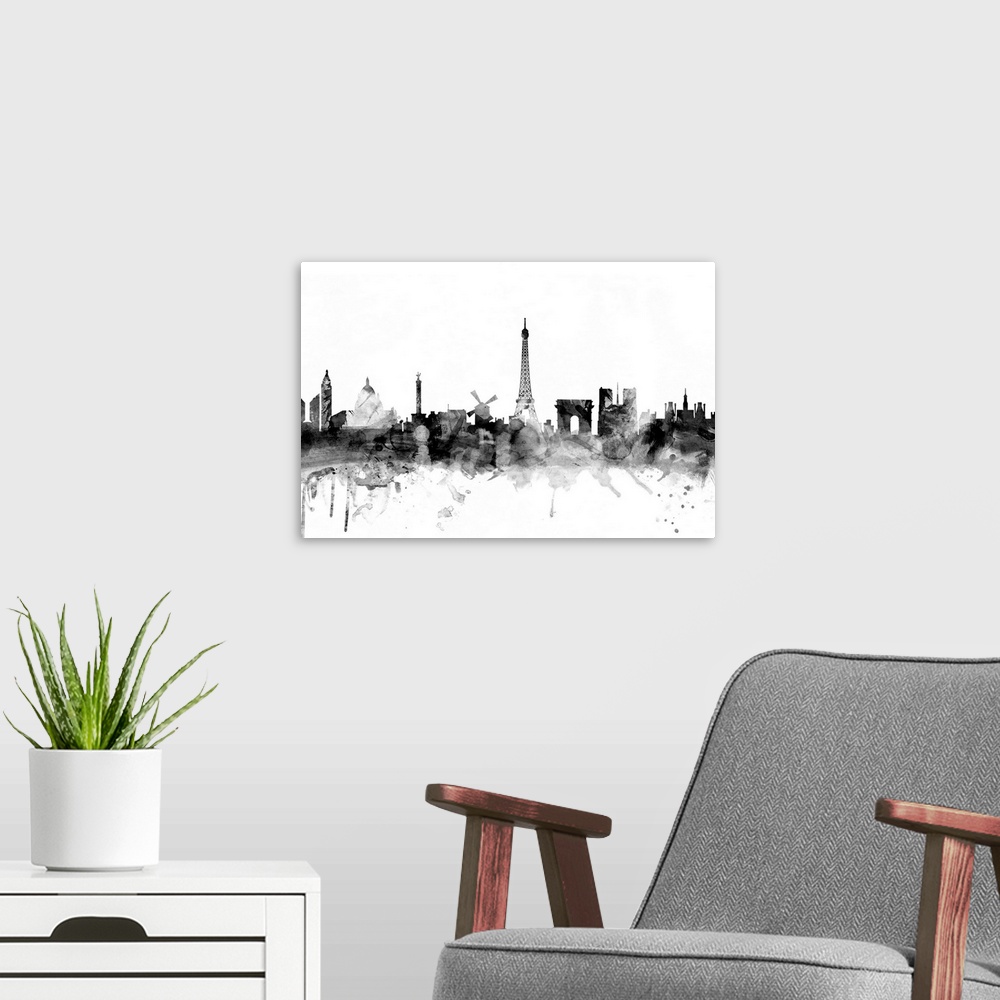 A modern room featuring Contemporary artwork of the Paris city skyline in black watercolor paint splashes.