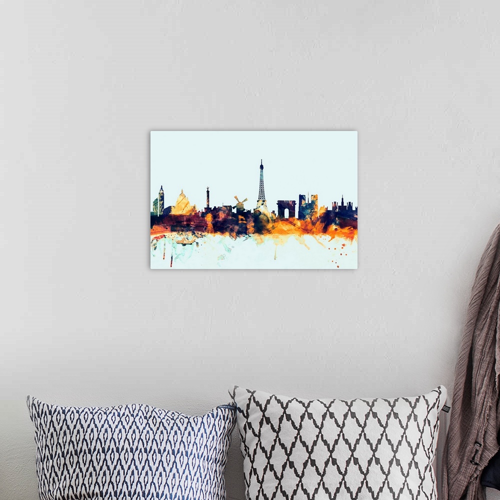 A bohemian room featuring Dark watercolor silhouette of the Paris city skyline against a light blue background.