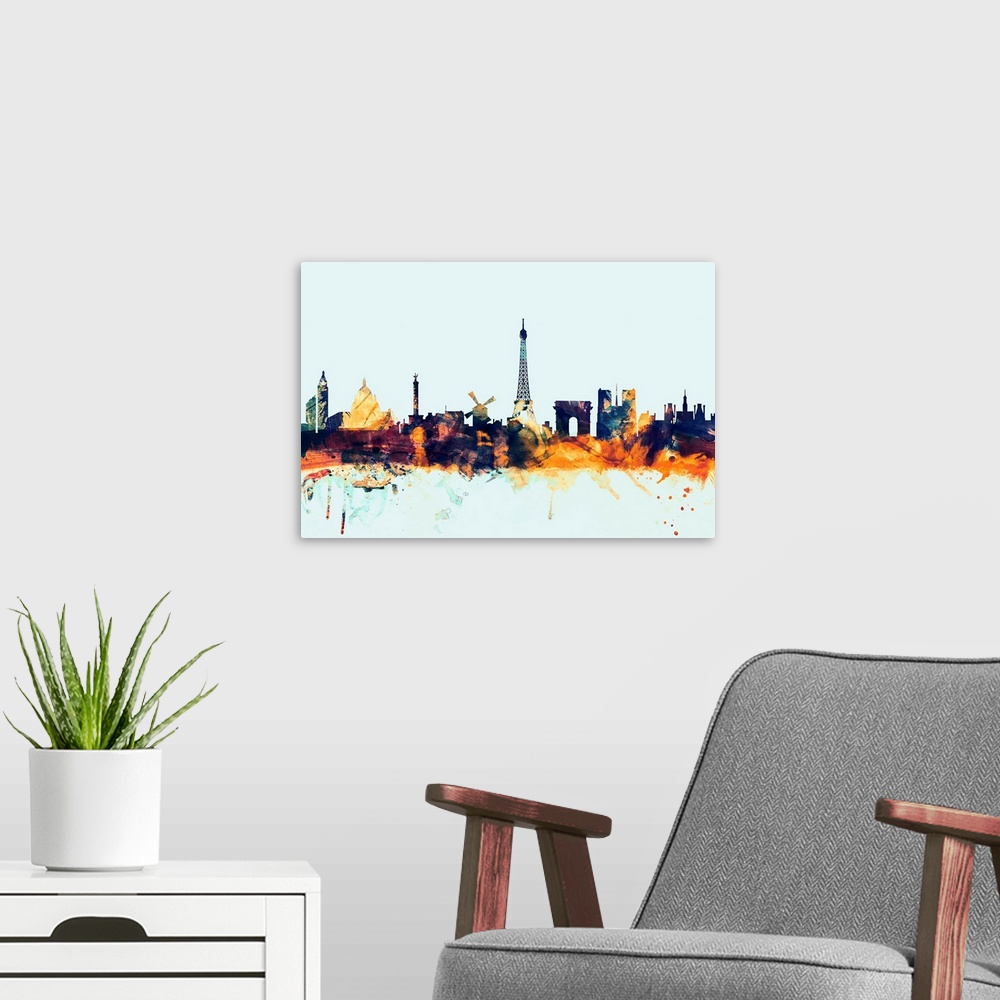 A modern room featuring Dark watercolor silhouette of the Paris city skyline against a light blue background.