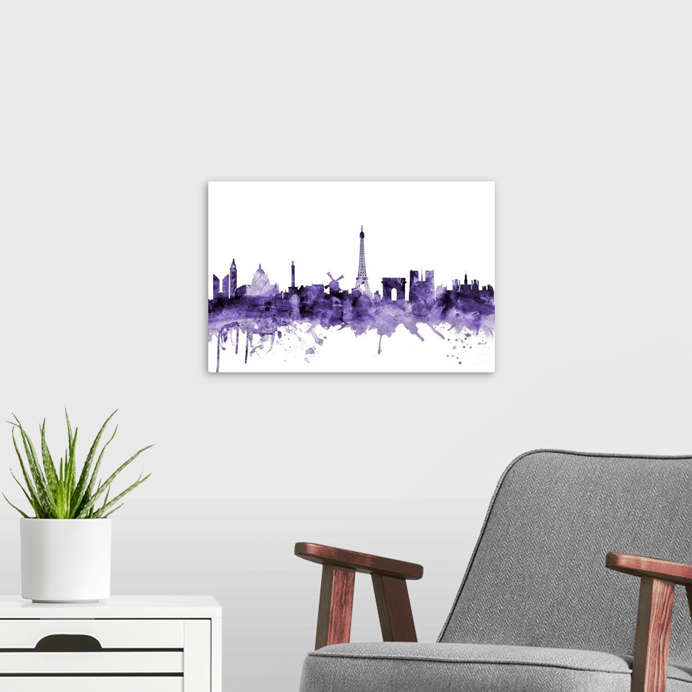 A modern room featuring Watercolor art print of the skyline of Paris, France