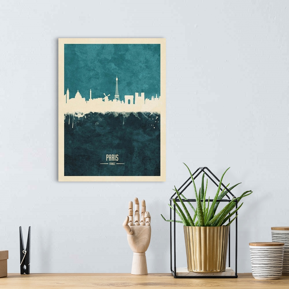 A bohemian room featuring Watercolor art print of the skyline of Paris, France