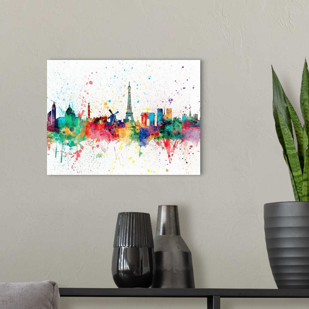 A modern room featuring Watercolor art print of the skyline of Paris, France.