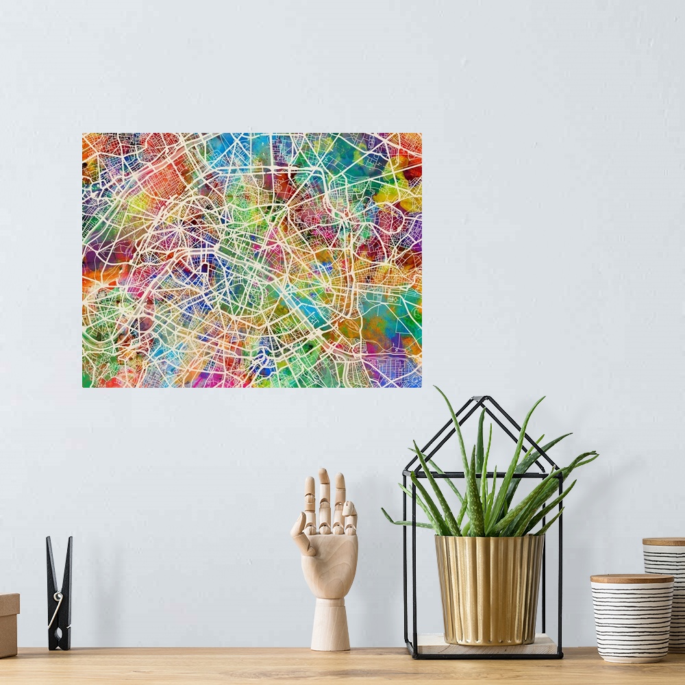 A bohemian room featuring Watercolor art map of Paris city streets.