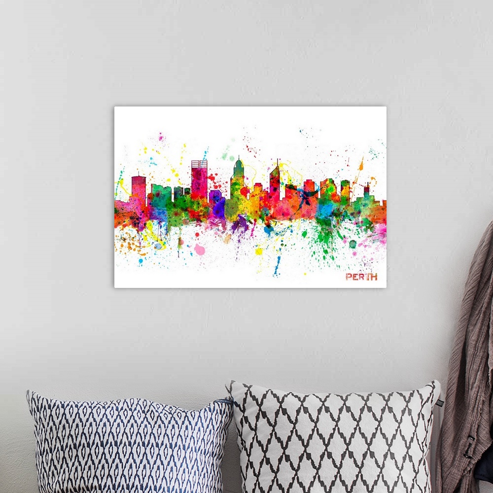 A bohemian room featuring Contemporary piece of artwork of the Perth skyline made of colorful paint splashes.