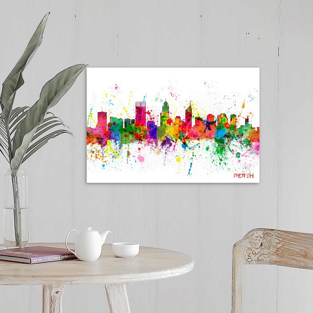 A farmhouse room featuring Contemporary piece of artwork of the Perth skyline made of colorful paint splashes.