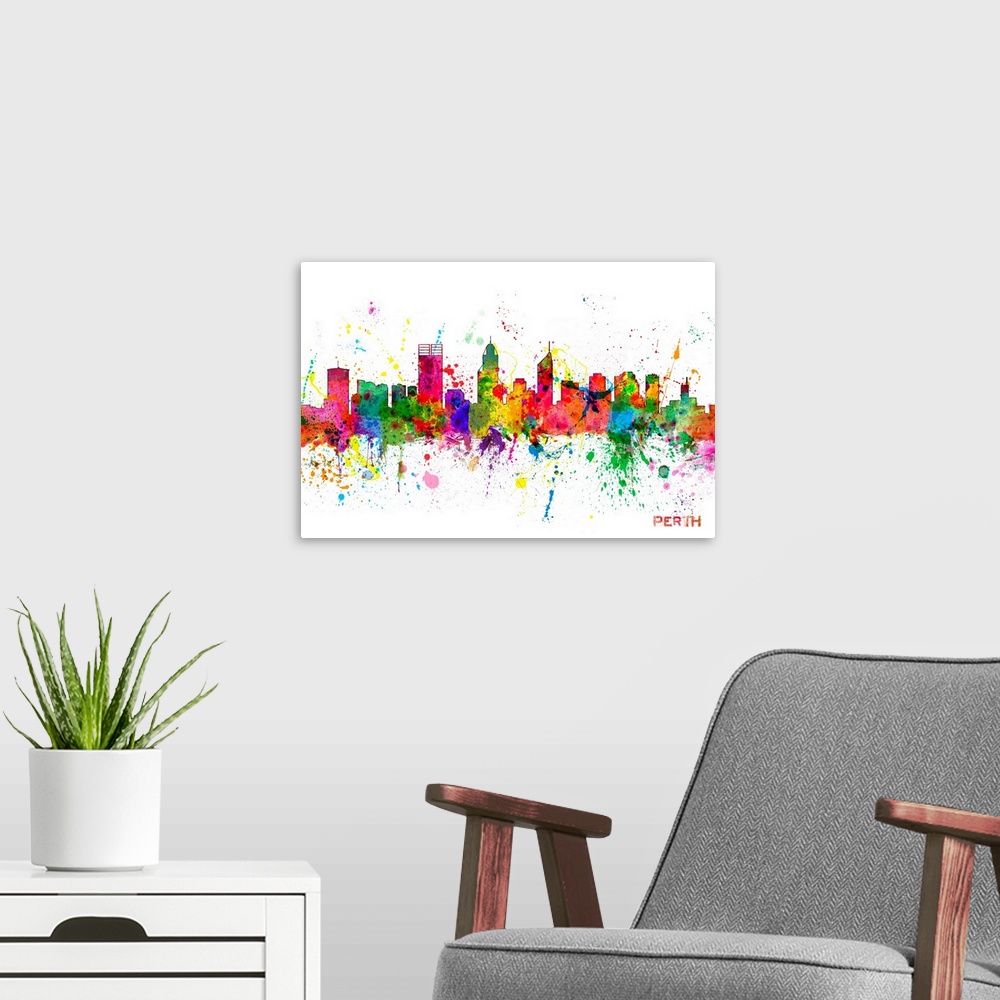 A modern room featuring Contemporary piece of artwork of the Perth skyline made of colorful paint splashes.