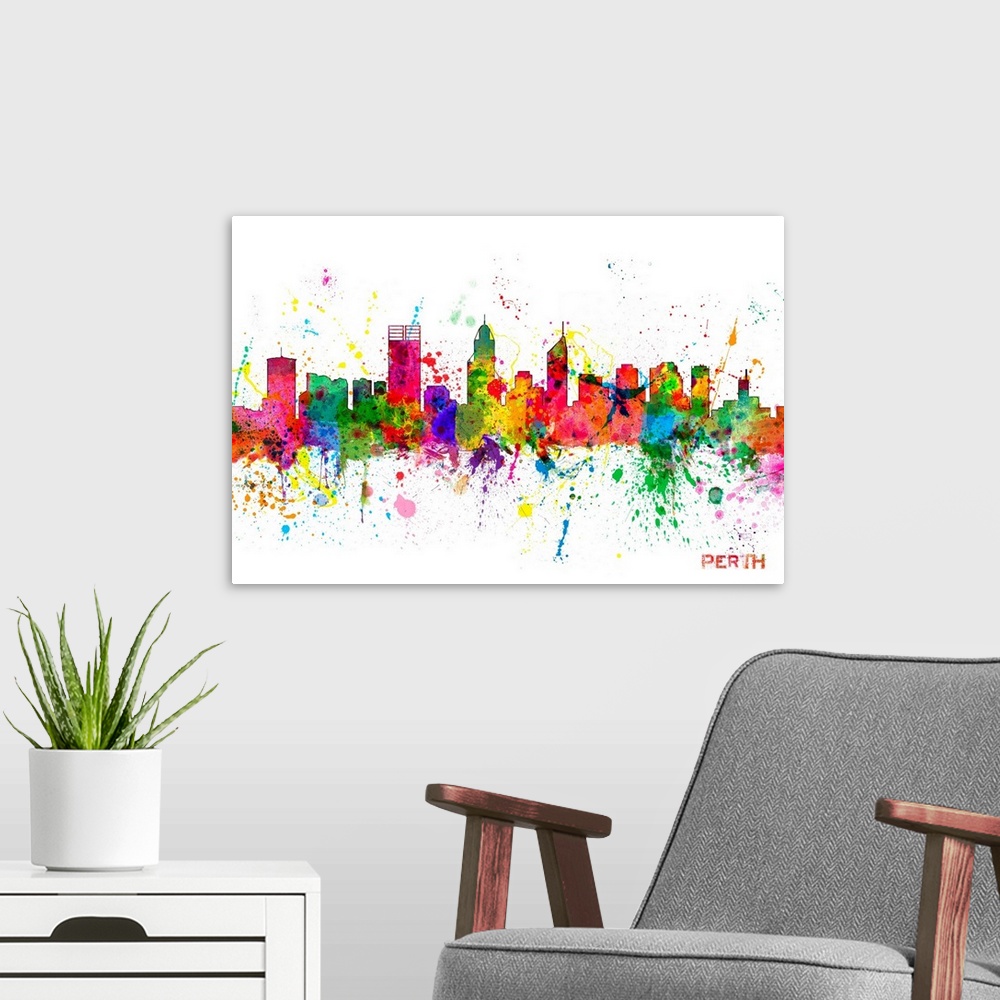 A modern room featuring Contemporary piece of artwork of the Perth skyline made of colorful paint splashes.