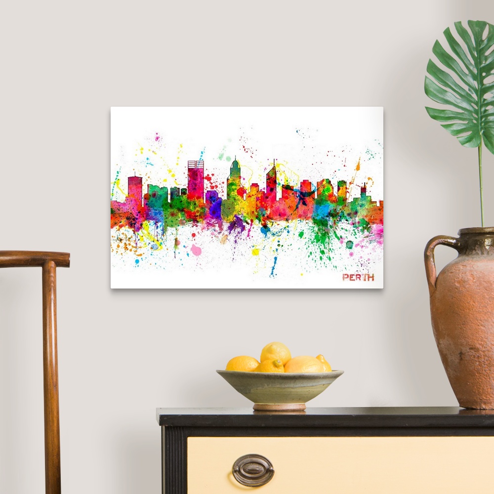 A traditional room featuring Contemporary piece of artwork of the Perth skyline made of colorful paint splashes.