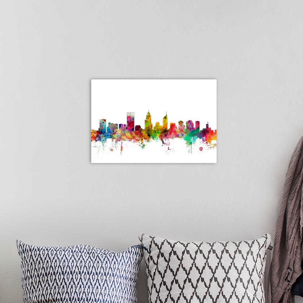 A bohemian room featuring Watercolor artwork of the Perth skyline against a white background.