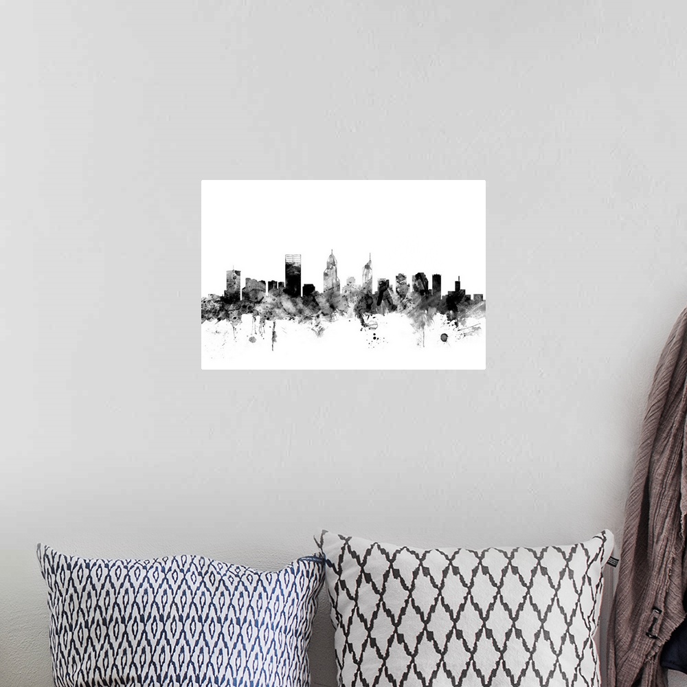 A bohemian room featuring Smokey dark watercolor silhouette of the Perth city skyline.