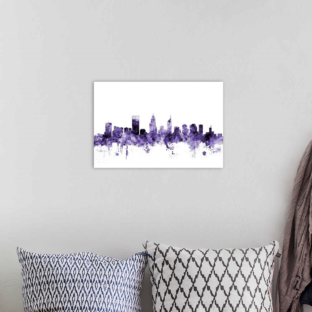 A bohemian room featuring Watercolor art print of the skyline of Perth, Australia