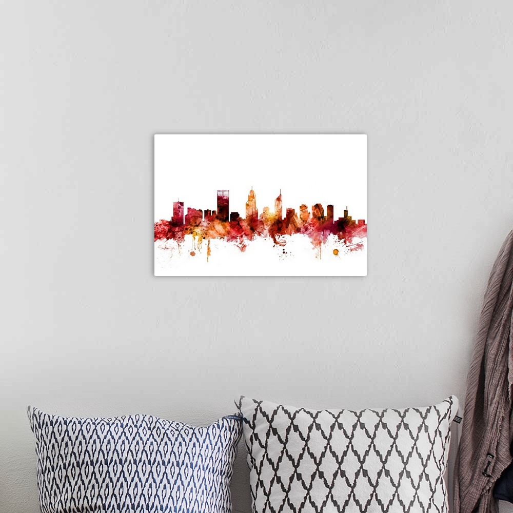A bohemian room featuring Watercolor art print of the skyline of Perth, Australia.