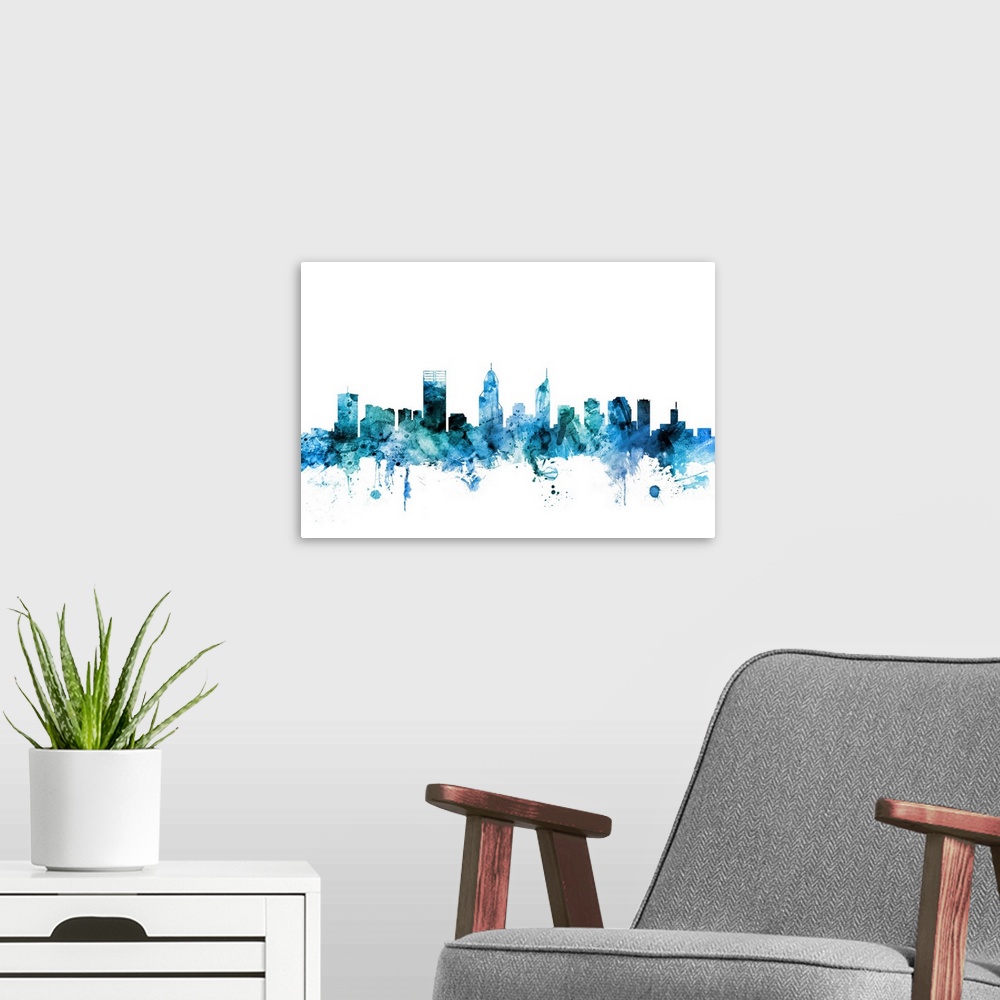 A modern room featuring Watercolor art print of the skyline of Perth, Australia.