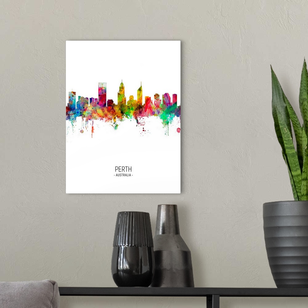 A modern room featuring Watercolor art print of the skyline of Perth, Australia