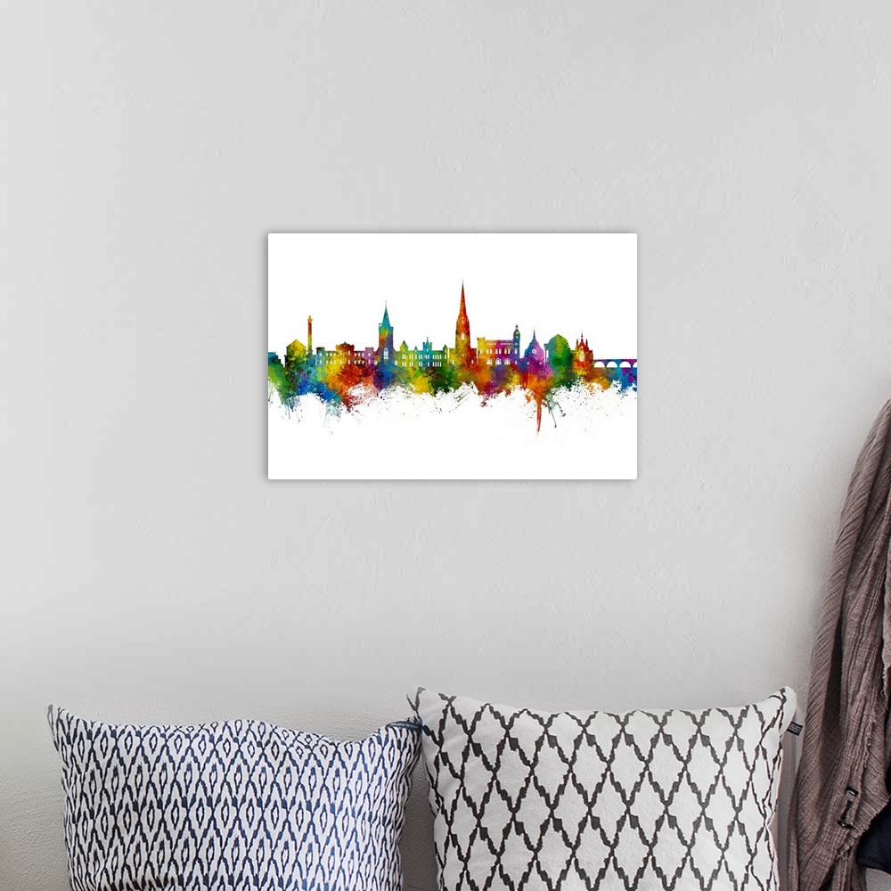 A bohemian room featuring Watercolor art print of the skyline of Perth, Scotland, United Kingdom