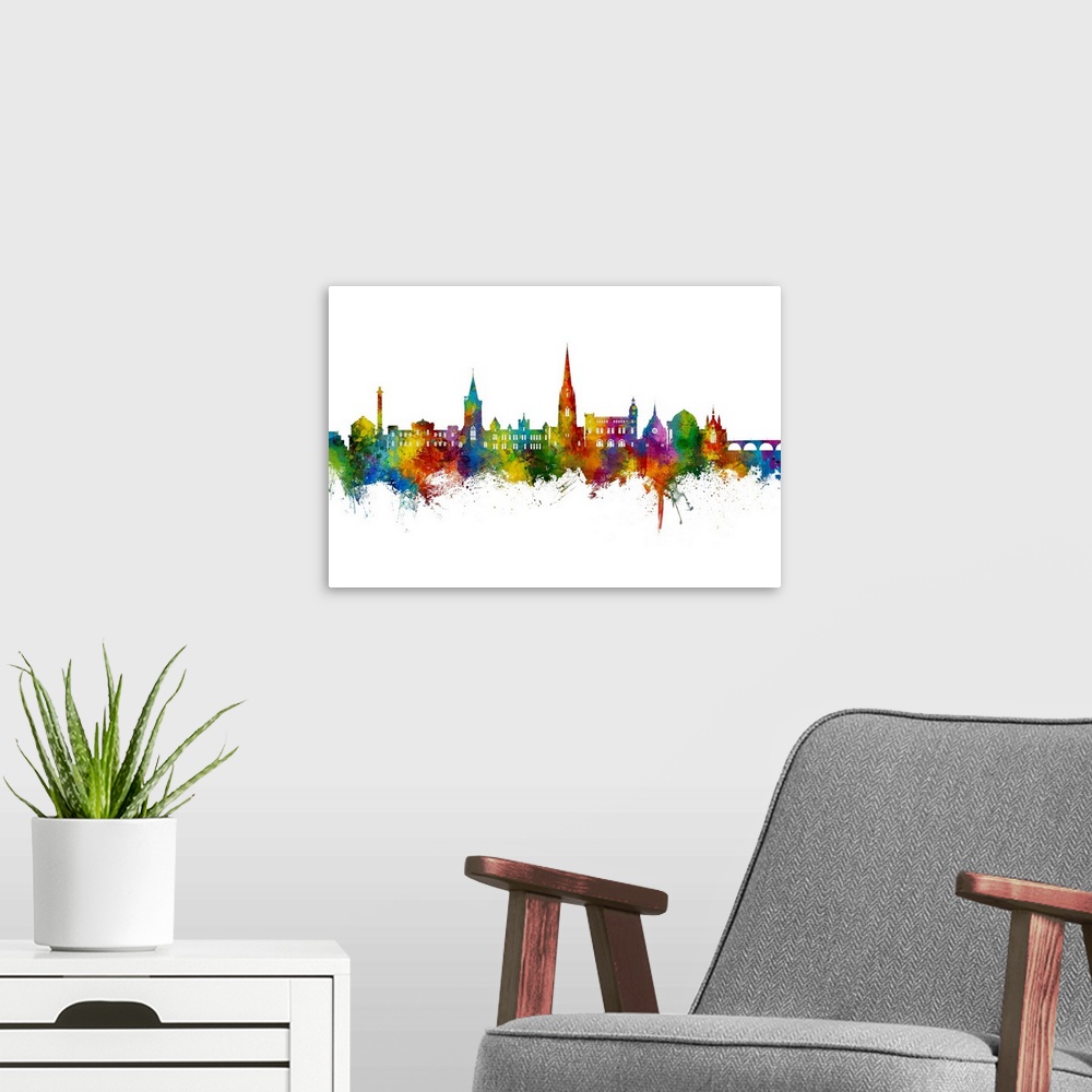 A modern room featuring Watercolor art print of the skyline of Perth, Scotland, United Kingdom