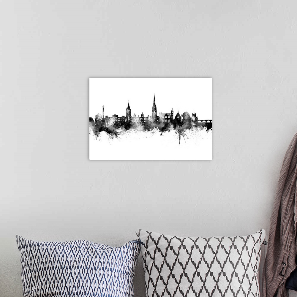 A bohemian room featuring Watercolor art print of the skyline of Perth, Scotland, United Kingdom