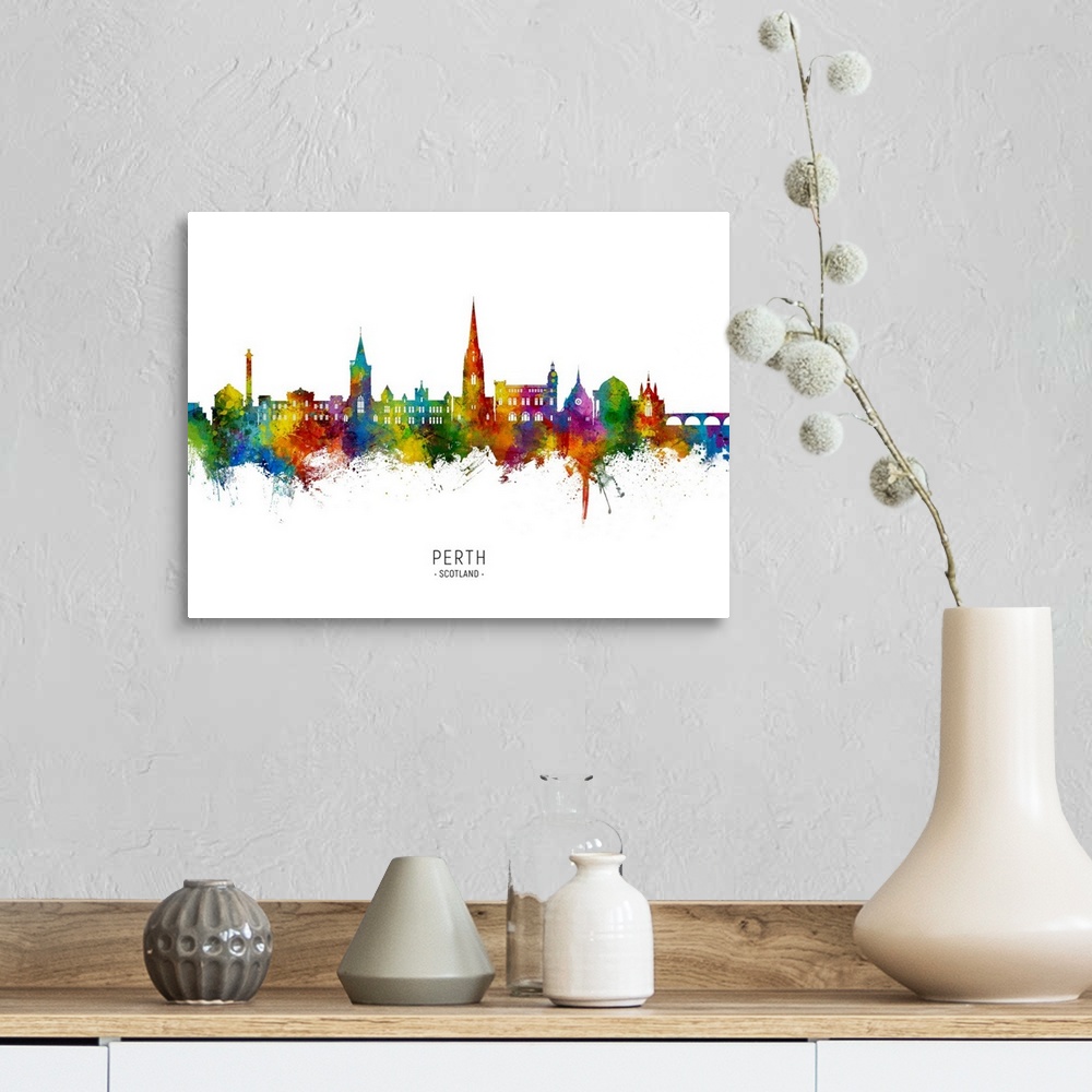 A farmhouse room featuring Watercolor art print of the skyline of Perth, Scotland, United Kingdom