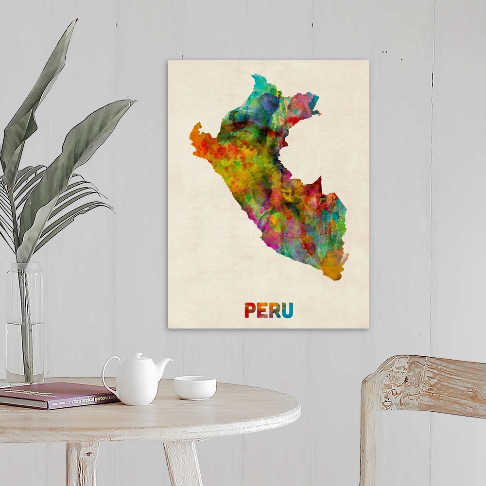 A farmhouse room featuring Contemporary piece of artwork of a map of Peru made up of watercolor splashes.