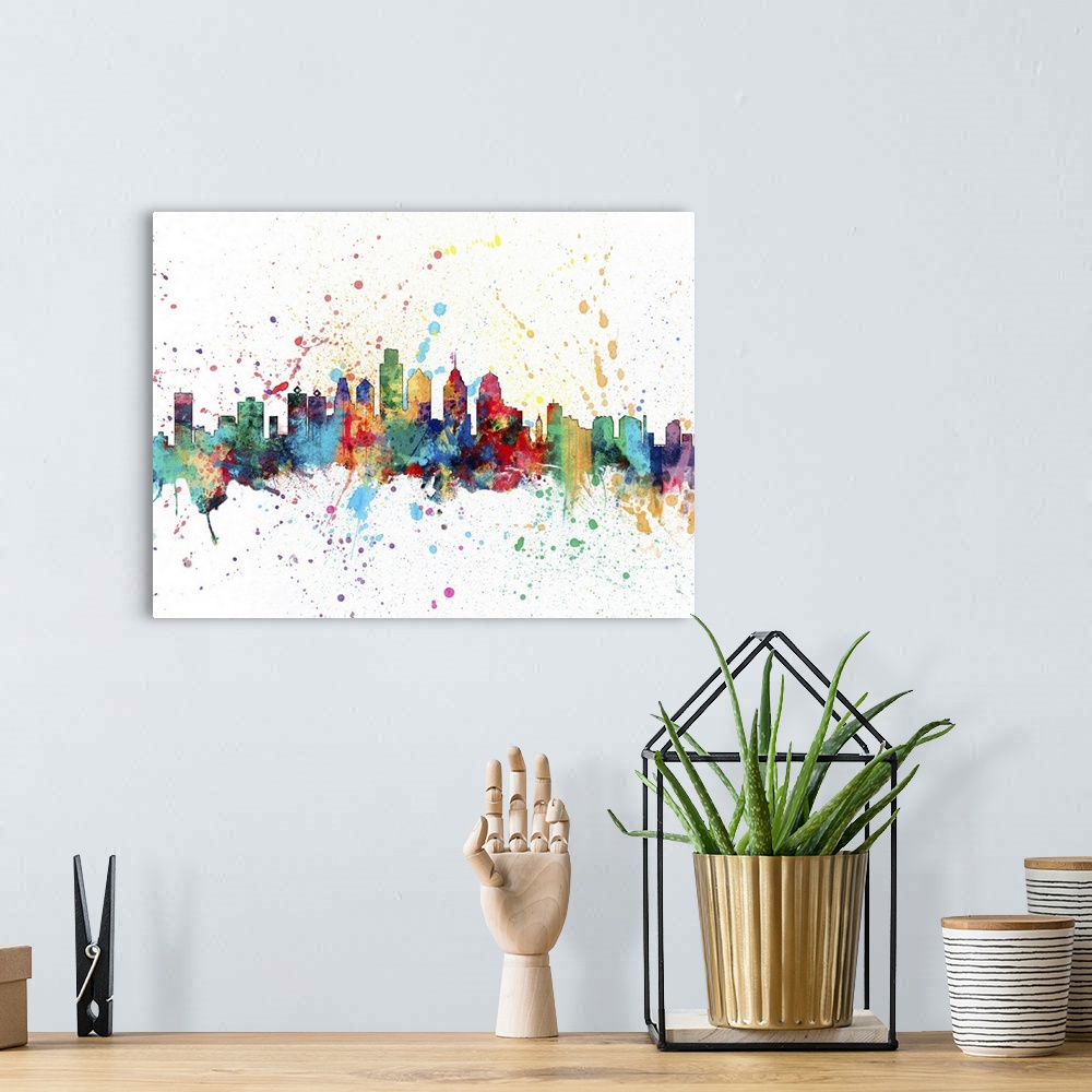 A bohemian room featuring Wild and vibrant paint splatter silhouette of the Philadelphia skyline.