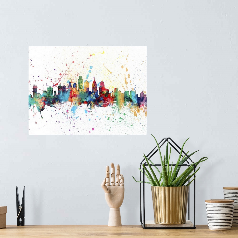 A bohemian room featuring Wild and vibrant paint splatter silhouette of the Philadelphia skyline.