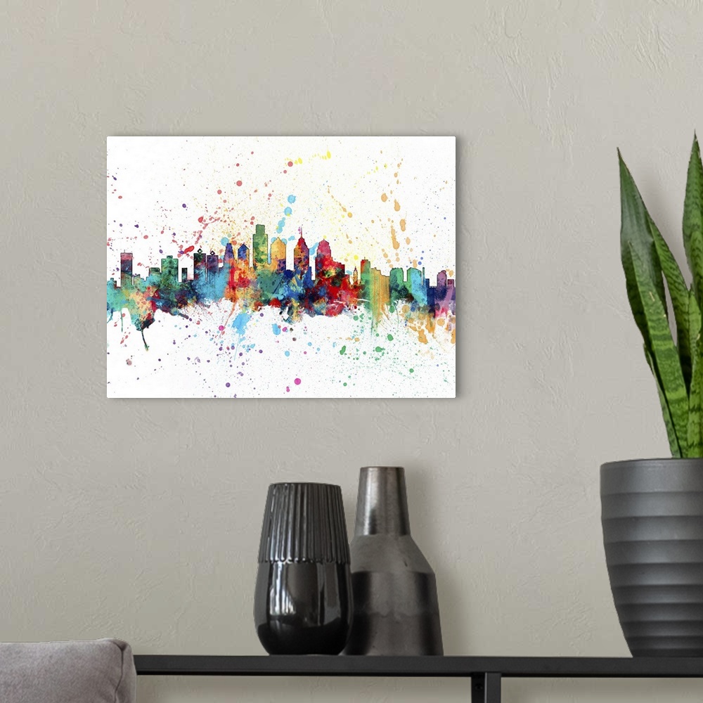 A modern room featuring Wild and vibrant paint splatter silhouette of the Philadelphia skyline.