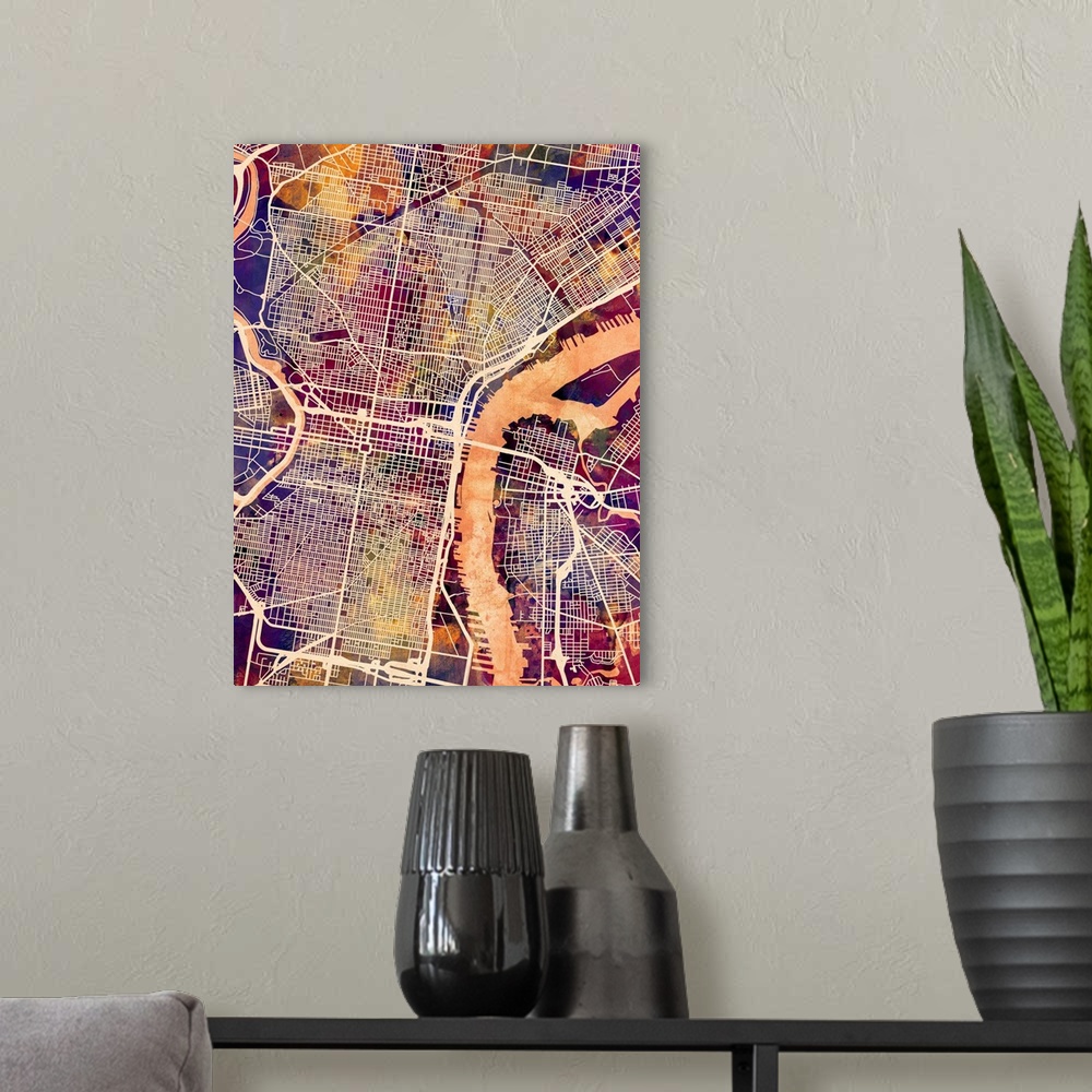 A modern room featuring Contemporary colorful city street map of Philadelphia.