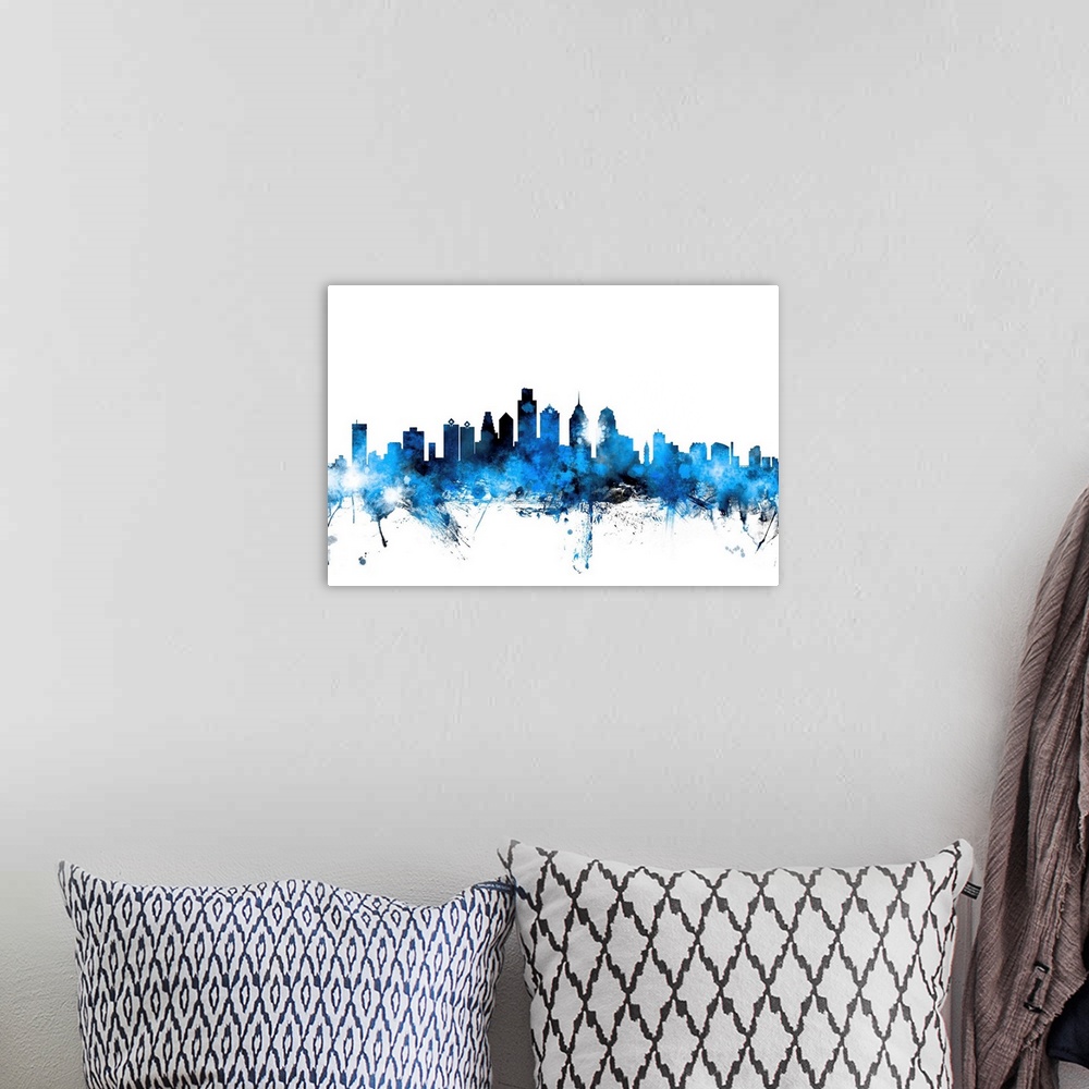 A bohemian room featuring Contemporary piece of artwork of the Philadelphia skyline made of colorful paint splashes.