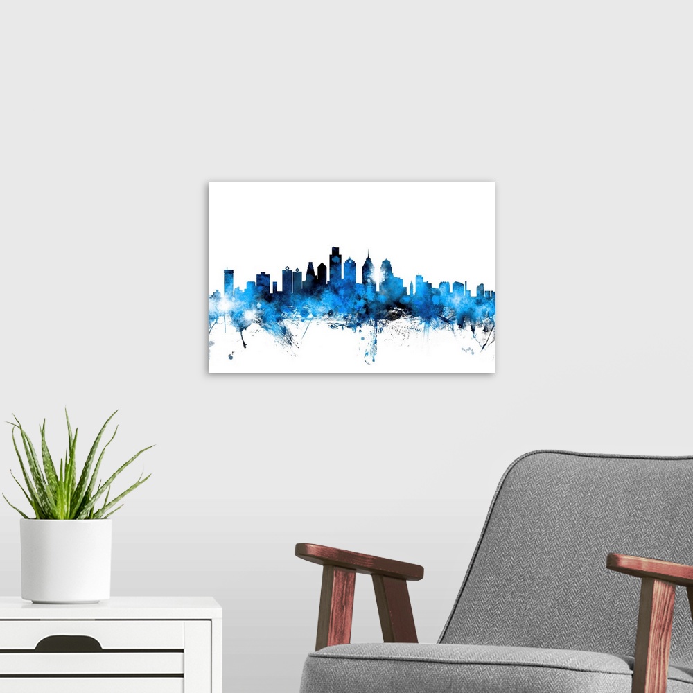 A modern room featuring Contemporary piece of artwork of the Philadelphia skyline made of colorful paint splashes.