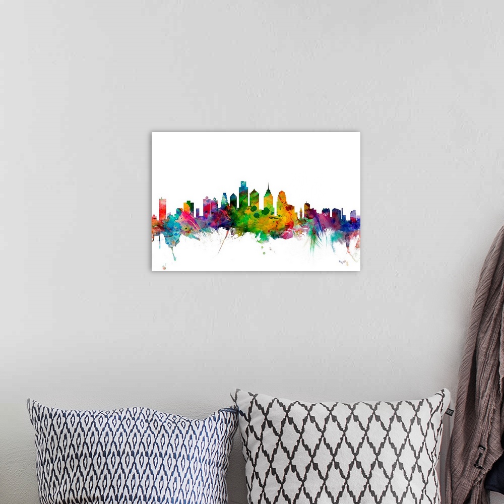 A bohemian room featuring Contemporary piece of artwork of the Philadelphia skyline made of colorful paint splashes.
