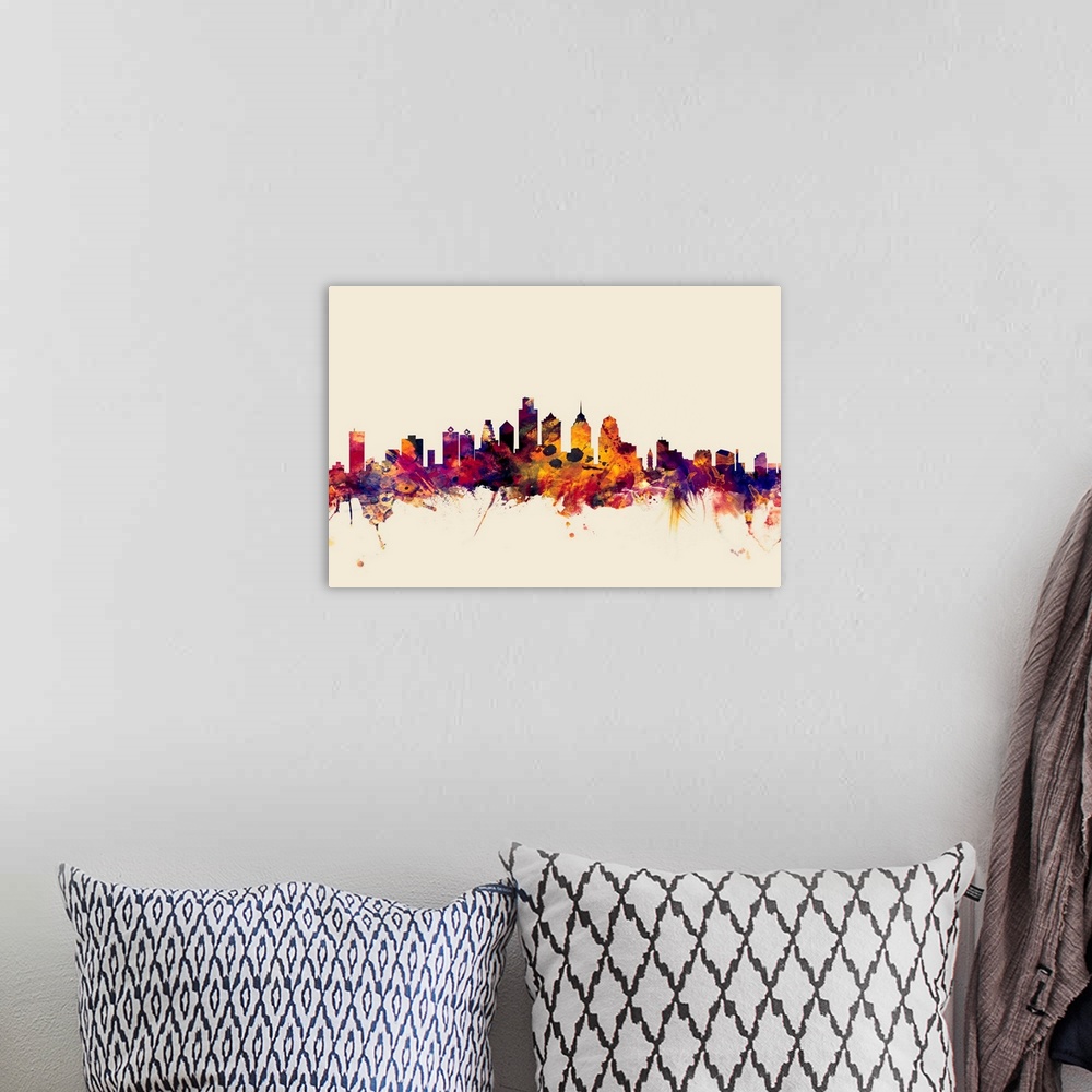 A bohemian room featuring Watercolor artwork of the Philadelphia skyline against a beige background.