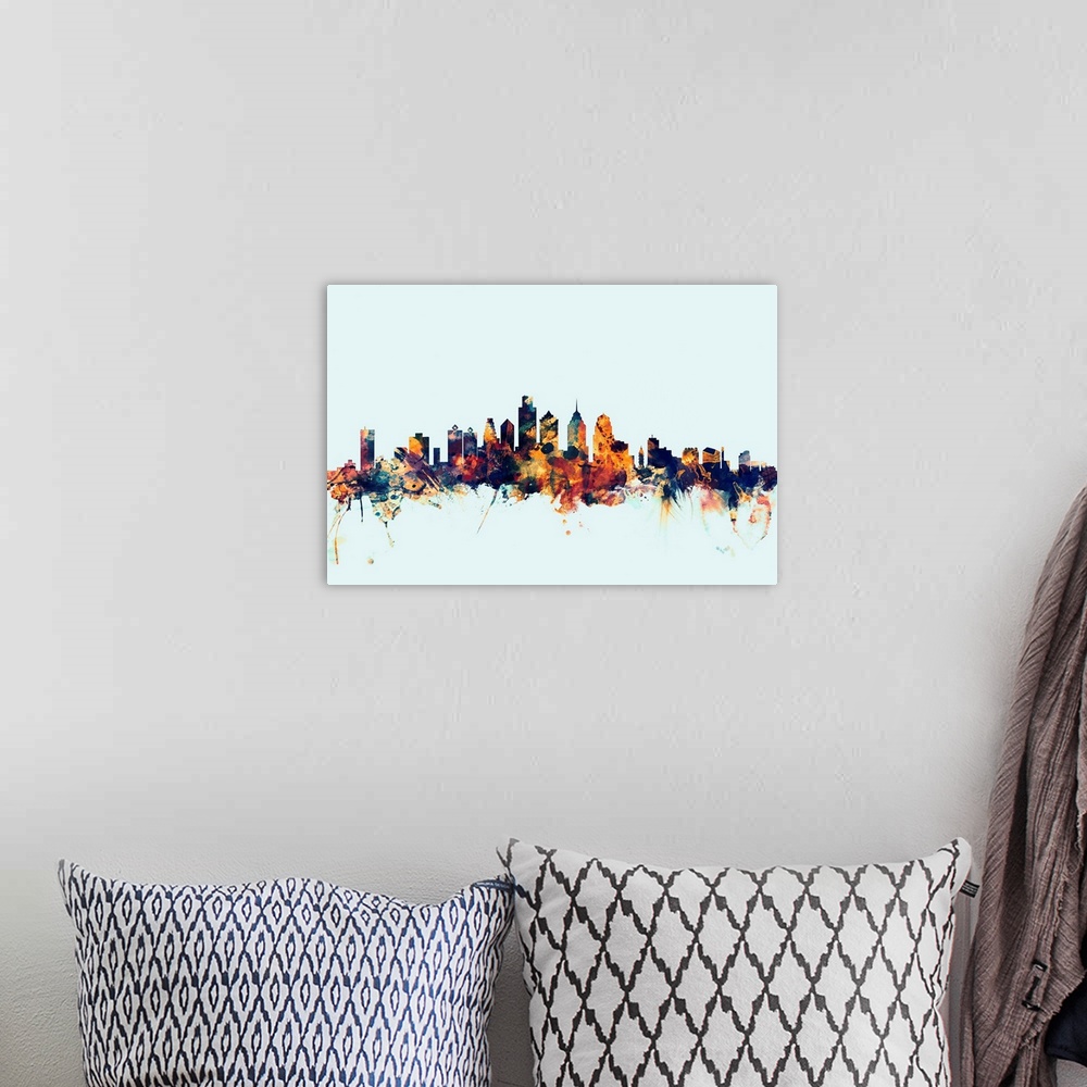 A bohemian room featuring Dark watercolor silhouette of the Philadelphia city skyline against a light blue background.