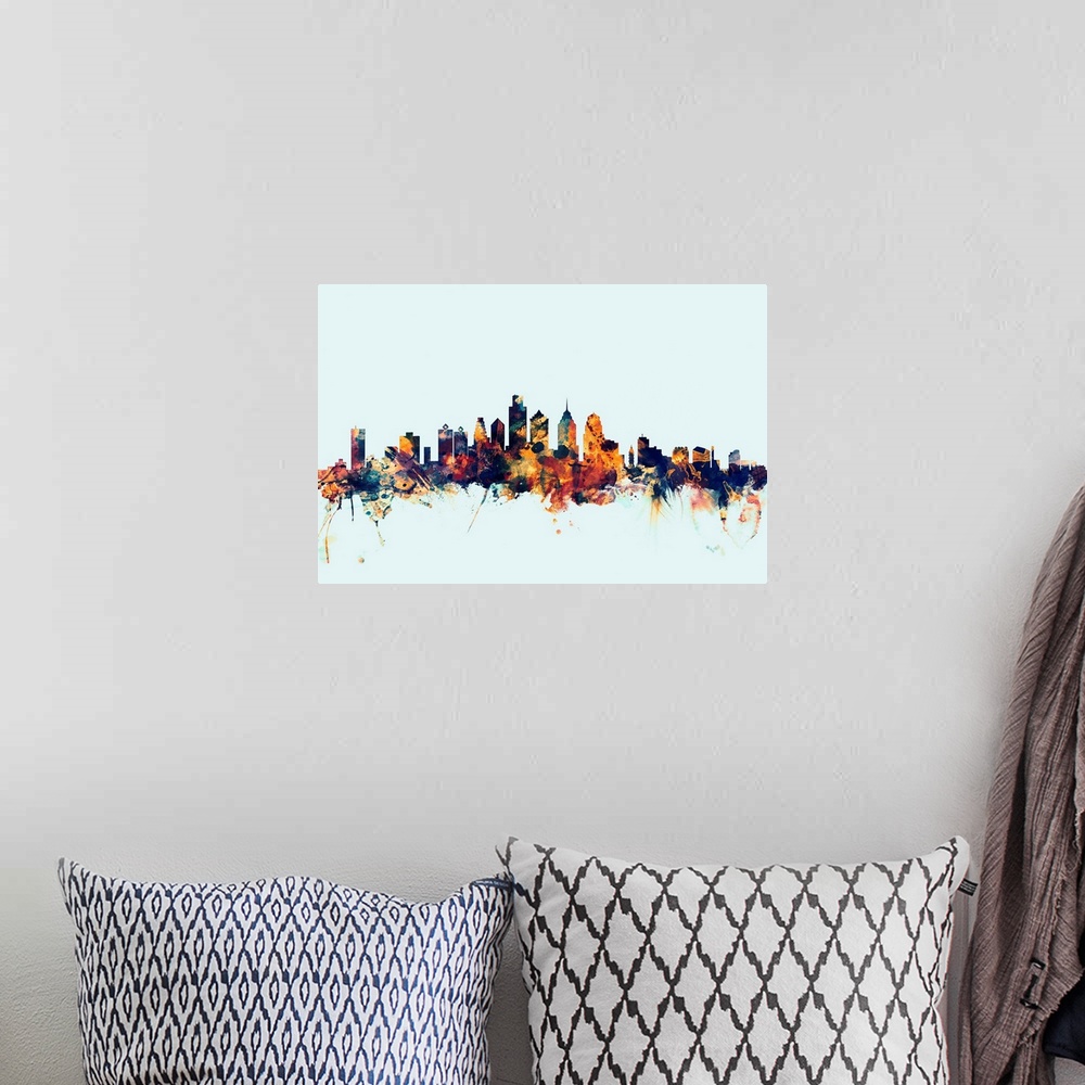 A bohemian room featuring Dark watercolor silhouette of the Philadelphia city skyline against a light blue background.