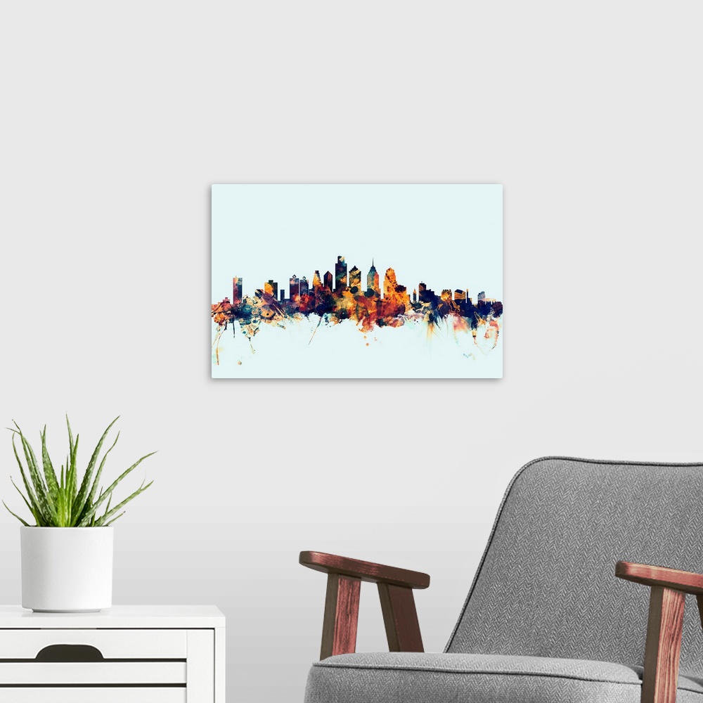 A modern room featuring Dark watercolor silhouette of the Philadelphia city skyline against a light blue background.