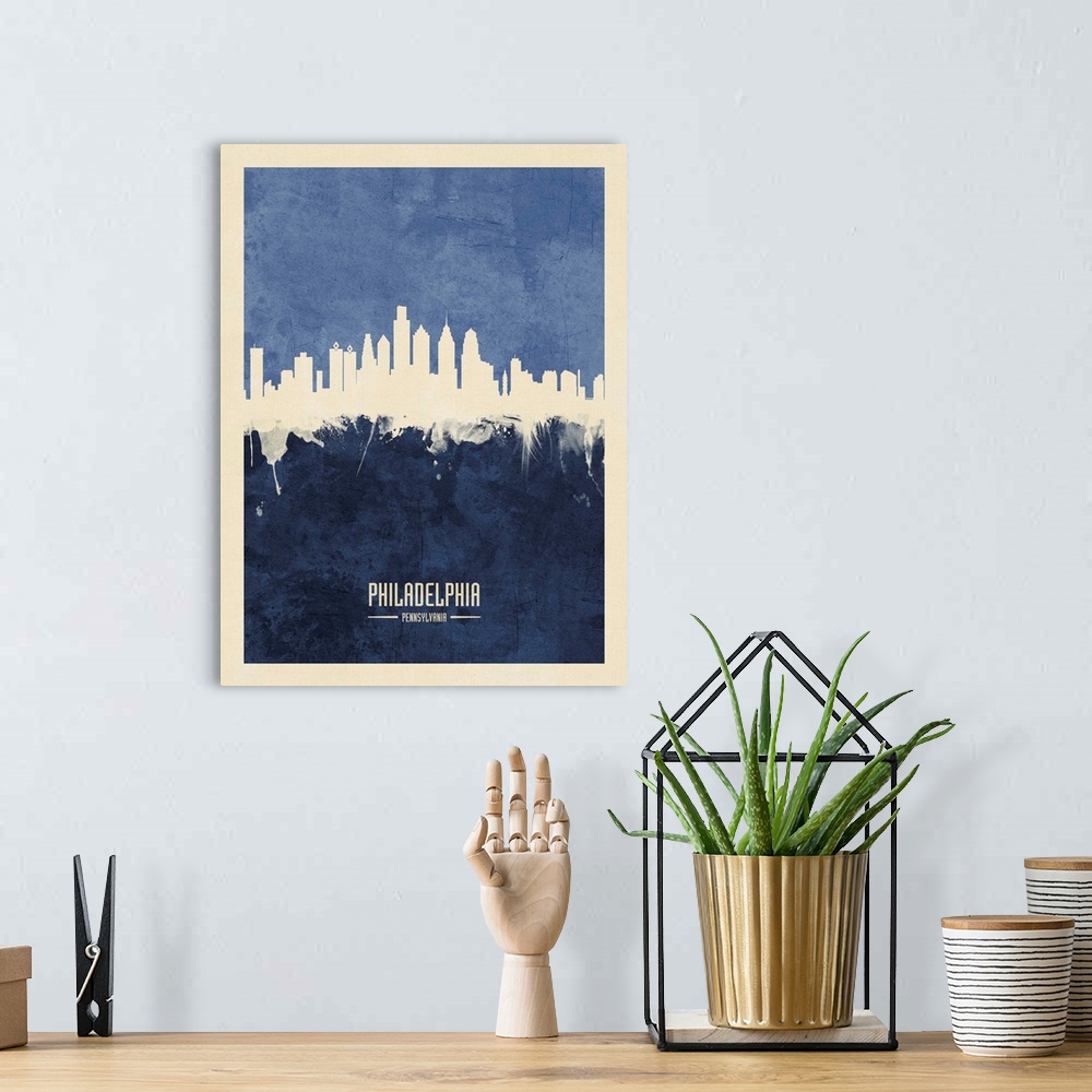 A bohemian room featuring Watercolor art print of the skyline of Philadelphia, Pennsylvania, United States